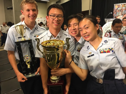 Air Force Junior ROTC cadets from Scripps Ranch High School, San Diego, celebrate after winning the Joint Service Academic Bowl Championship at the 2017 Junior ROTC Leadership and Academic Bowl Championship in Washington, D.C., in June, 2017. This is the second year in a row that cadets from Scripps Ranch have won the award. (Courtesy photo)