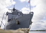 PEARL HARBOR (July 14, 2017) Amphibious dock landing ship USS Pearl Harbor (LSD 52) is moored at Joint Base Pearl Harbor-Hickam during a port visit to its namesake, July 14, before returning to its homeport in San Diego. The ship arrived on the eve of the commissioning ceremony of future USSJohn Finn (DDG 113) to help honor its official arrival into the U.S. Navy fleet. (U.S. Navy photo by MC3 Justin R. Pacheco)