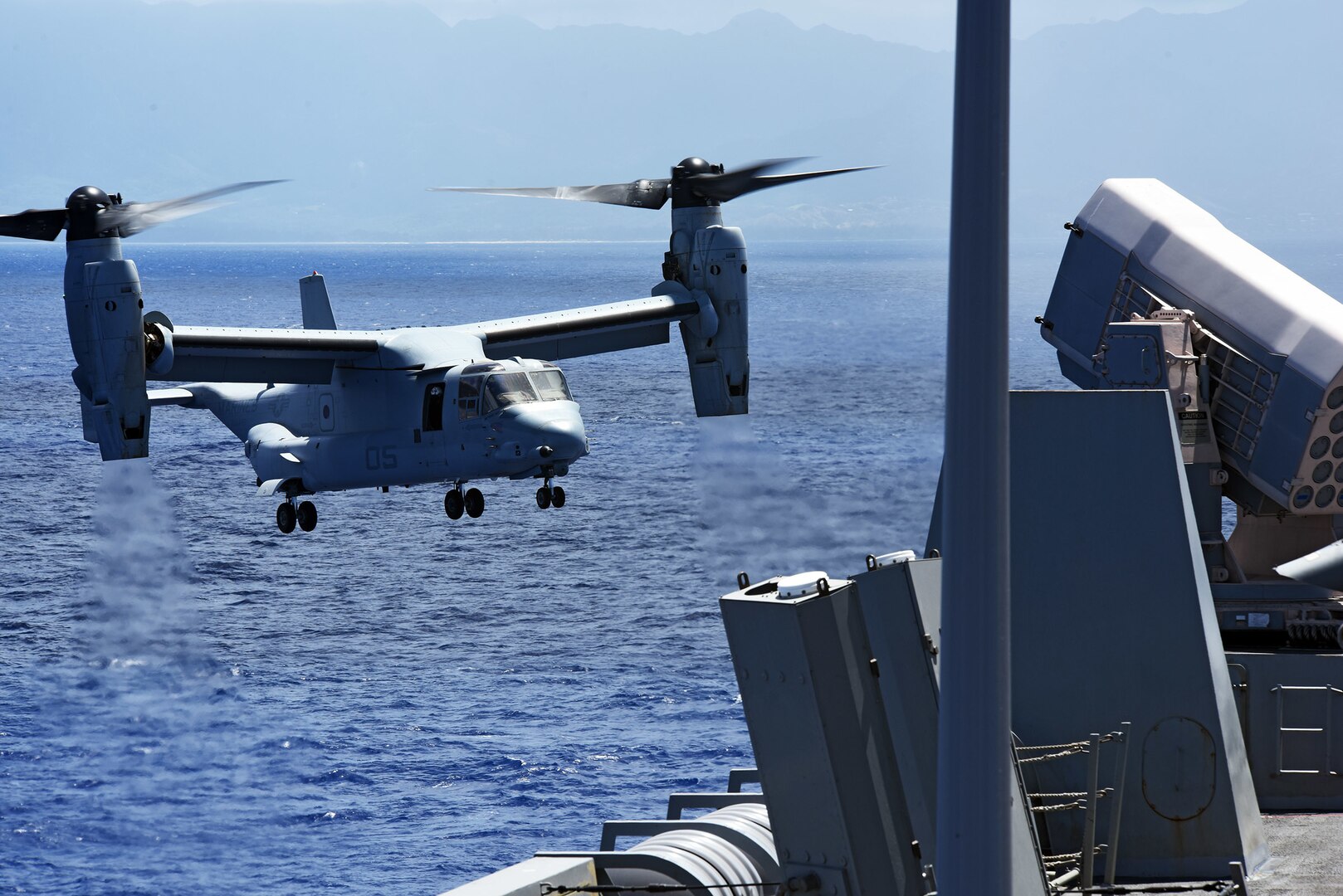 PACIFIC OCEAN (July 14, 2017) - An MV-22 Osprey, assigned to Marine Medium Tiltrotor Squadron (reinforced) 161, approaches the flight deck of the amphibious transport dock ship USS San Diego (LPD 22) as part of a sustainment exercise. San Diego is embarked on a scheduled deployment as part of the America Amphibious Ready Group, which is comprised of more than 1,800 Sailors and 2,600 Marines assigned to the amphibious assault ship USS America (LHA 6), the amphibious dock landing ship USS Pearl Harbor (LSD 52) and San Diego. (U.S. Navy photo by Mass Communication Specialist 1st Class Joseph M. Buliavac/Released)