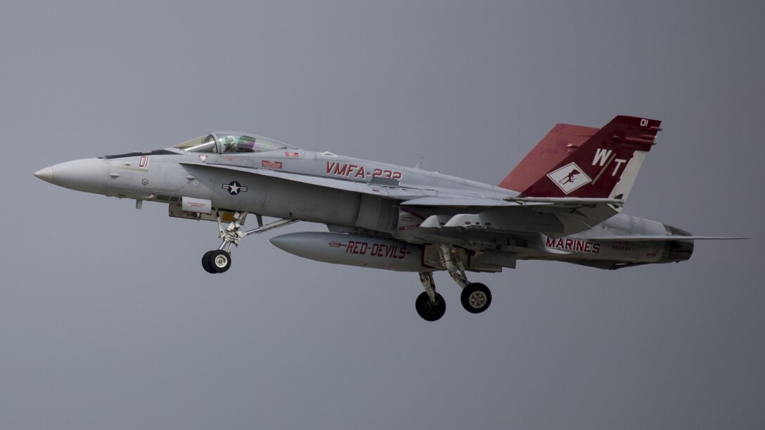 A U.S. Marine Corps F/A-18C Hornet with Marine Fighter Attack Squadron (VMFA) 232 takes off at Japan Air Self-Defense Force (JASDF) Hyakuri Air Base, Japan, July 12, 2017. VMFA-232 has been conducting exercises with the JASDF as part of the Aviation Training Relocation program, which is designed to increase operational readiness and interoperability between U.S. and Japanese forces, and reduce local noise impacts by dispersing unilateral jet-fighter training of U.S. forces in Japan. 