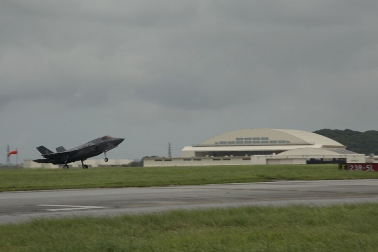 A U.S. Marine Corps F-35B Lightning II aircraft with Marine Fighter Attack Squadron 121, Marine Aircraft Group 12, 1st Marine Aircraft Wing, conducted a training flight from Marine Corps Air Station Iwakuni to Kadena Air Force Base, Okinawa, Japan, June 26, 2017. The Marines with VMFA- 121 worked alongside Airmen with the 18th Wing. This event marked the first time an F-35B Lightning II landed in Okinawa. 