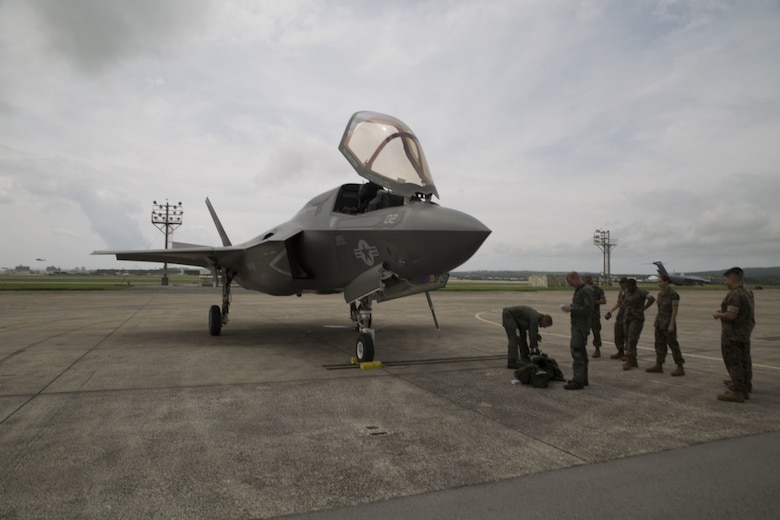 A U.S. Marine Corps F-35B Lightning II aircraft with Marine Fighter Attack Squadron 121, Marine Aircraft Group 12, 1st Marine Aircraft Wing, conducted a training flight from Marine Corps Air Station Iwakuni to Kadena Air Force Base, Okinawa, Japan, June 26, 2017. The Marines with VMFA- 121 worked alongside Airmen with the 18th Wing. This event marked the first time an F-35B Lightning II landed in Okinawa. 