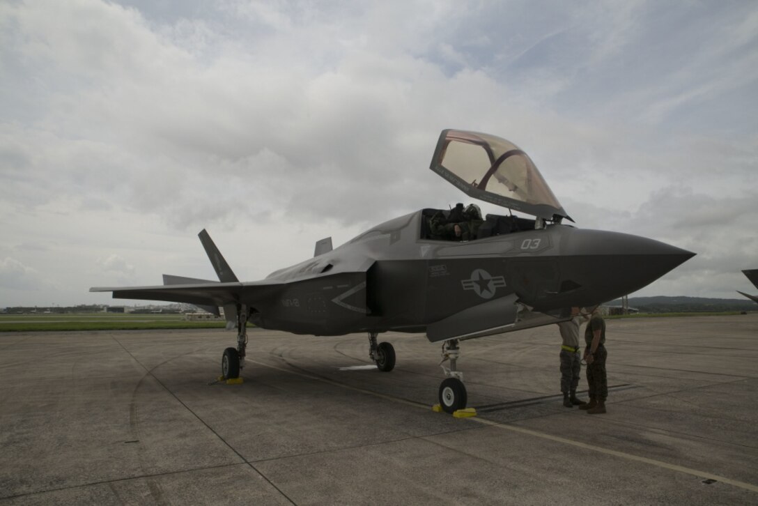 A U.S. Marine Corps F-35B Lightning II aircraft with Marine Fighter Attack Squadron 121, Marine Aircraft Group 12, 1st Marine Aircraft Wing, conducted a training flight from Marine Corps Air Station Iwakuni to Kadena Air Force Base, Okinawa, Japan, June 26, 2017. The Marines with VMFA- 121 worked alongside Airmen with the 18th Wing. This event marked the first time an F-35B Lightning II landed in Okinawa. (U.S. Marine Corps photo by Lance Cpl. Charles Plouffe) 