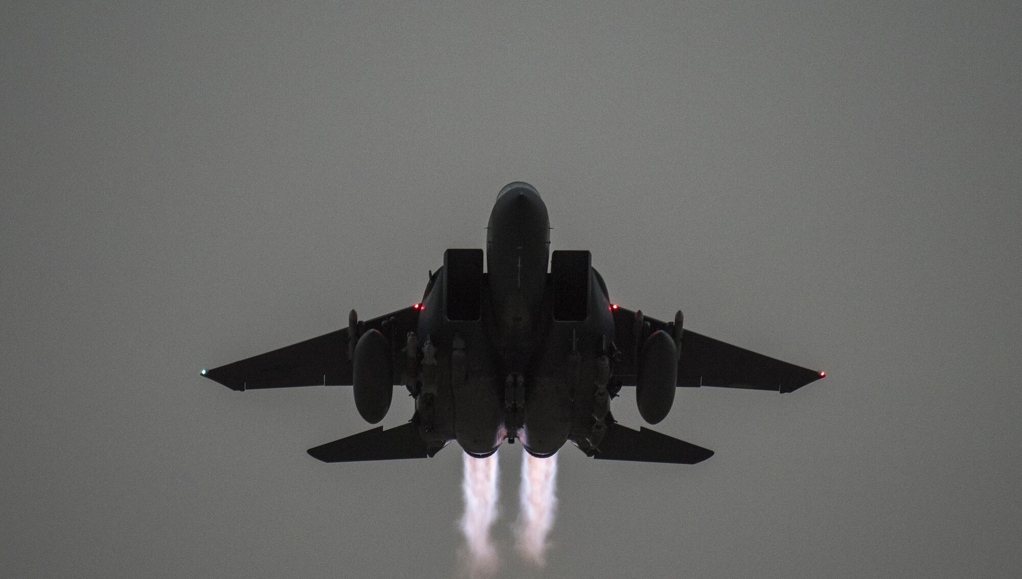 An F-15E Strike Eagle assigned to the 332nd Air Expeditionary Wing takes off from an undisclosed location in Southwest Asia, July 6, 2017. The aircraft is armed with a variety of munitions to combat the threat of ISIS in the region. (U.S. Air Force photo/Senior Airman Damon Kasberg)