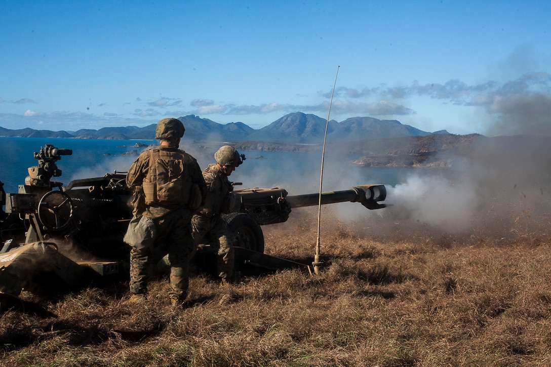 Marines with Golf Battery, Battalion Landing Team, 3rd Battalion, 5th Marines, fire an M777A2 155 mm howitzer as part of direct-fire training during Exercise Talisman Saber 17 on Townshend Island, Shoalwater Bay Training Area, Queensland, Australia, July 17, 2017. BLT 3/5 is the Ground Combat Element for the 31st Marine Expeditionary Unit, and is exploring state-of-the-art concepts and technologies as the dedicated force for Sea Dragon 2025, a Marine Corps initiative to prepare for future battles. Talisman Saber is a biennial exercise designed to improve the interoperability between Australian and U.S. forces. The 31st MEU is taking part in Talisman Saber 17 while deployed on a regularly-scheduled patrol of the Indo-Asia-Pacific region. 