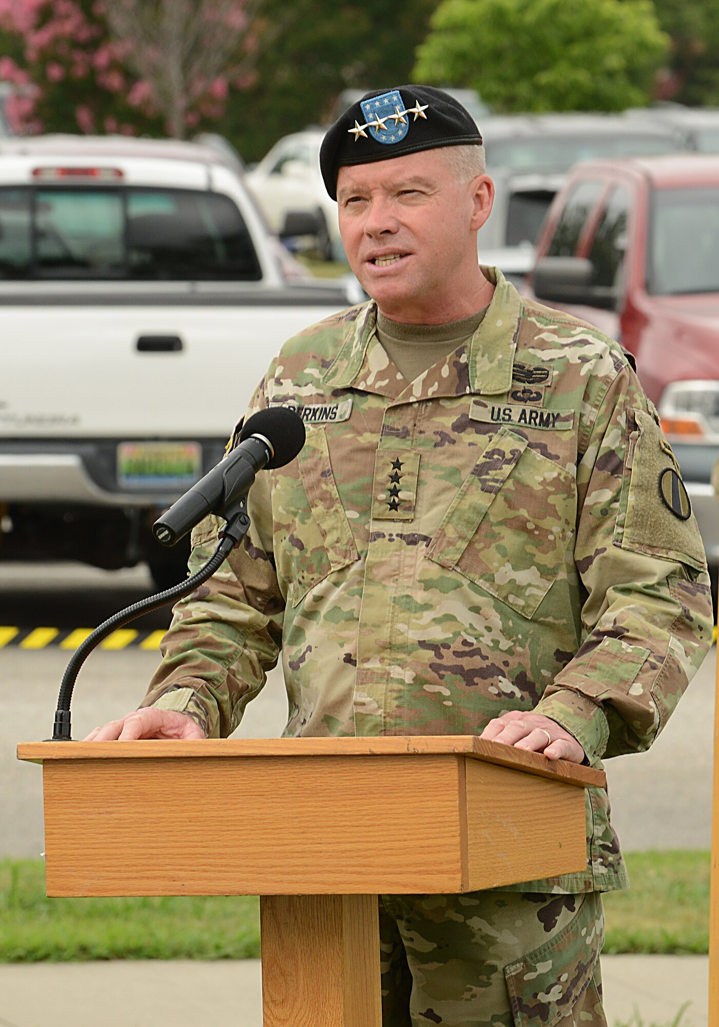U.S. Army Gen. David Perkins, U.S. Army Training and Doctrine Command commanding general, provides remarks during the U.S. Army Center for Initial Military Training change of command ceremony at Joint Base Langley-Eustis, Va., July 18, 2017. During the ceremony, Maj. Gen. Anthony Funkhouser turned over responsibilities as JBLE and Joint Expeditionary Base Little Creek-Fort Story, Va. Army Element senior commander, to Maj. Gen. Malcolm Frost. (U.S. Air Force photo/Staff Sgt. Teresa J. Cleveland)