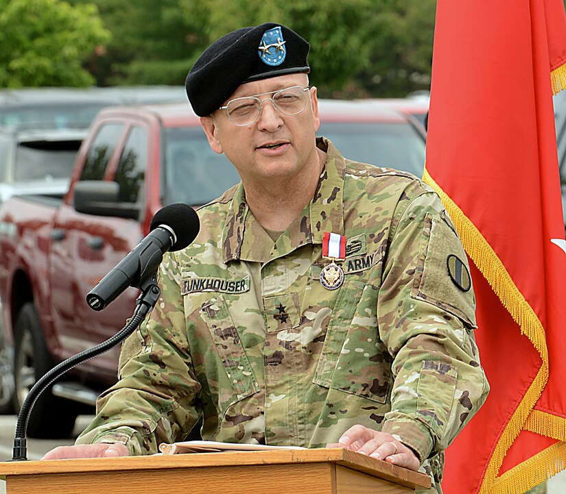 U.S. Army Maj. Gen. Anthony Funkhouser, U.S. Army Center for Initial Military Training’s outgoing commanding general, expresses parting remarks during the CIMT change of command ceremony at Joint Base Langley-Eustis, Va., July 18, 2017. Funkhouser relinquished command and responsibilities as JBLE and Joint Expeditionary Base Little Creek- Fort Story, Va., Army Element senior commander to Maj. Gen. Malcolm Frost,. Funkhouser will report to U.S. Army Corps of Engineers, Washington, D.C. as the Military and International Operations deputy commanding general. (U.S. Air Force photo/Staff Sgt. Teresa J. Cleveland)