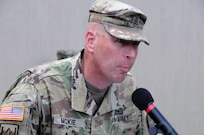 Command Sgt. Maj. Patrick McKie, Army Support Activity, Fort Dix command sergeant major, addresses the crowd July 18 during the Dix Centennial celebration at Joint Base McGuire-Dix-Lakehurst, New Jersey.  Camp Dix provided key support to the Army and the nation from its inception in 1917 until its re-designation as “Fort Dix” in 1939.  On Oct. 1, 2009, Fort Dix transformed into the United States Army Support Activity, Fort Dix and became part of Joint Base McGuire-Dix-Lakehurst.  More than 42,000 active-duty and reserve-component service members, civilian employees and family members work and reside on the base.