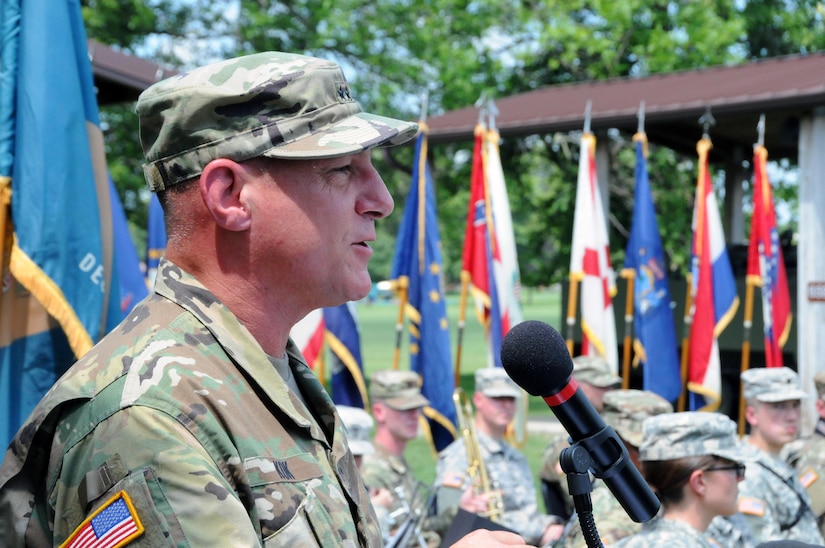 Maj. Gen. Troy D. Kok, commanding general for the U.S. Army Reserve’s 99th Regional Support Command, addresses the crowd July 18 during the Dix Centennial celebration at Joint Base McGuire-Dix-Lakehurst, New Jersey.  Camp Dix provided key support to the Army and the nation from its inception in 1917 until its re-designation as “Fort Dix” in 1939.  On Oct. 1, 2009, Fort Dix transformed into the United States Army Support Activity, Fort Dix and became part of Joint Base McGuire-Dix-Lakehurst.  More than 42,000 active-duty and reserve-component service members, civilian employees and family members work and reside on the base.