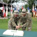 Maj. Gen. Troy D. Kok, commanding general for the U.S. Army Reserve’s 99th Regional Support Command, and Command Sgt. Maj. Patrick McKie, Army Support Activity, Fort Dix command sergeant major, cut the cake July 18 during the Dix Centennial celebration at Joint Base McGuire-Dix-Lakehurst, New Jersey.  Camp Dix provided key support to the Army and the nation from its inception in 1917 until its re-designation as “Fort Dix” in 1939.  On Oct. 1, 2009, Fort Dix transformed into the United States Army Support Activity, Fort Dix and became part of Joint Base McGuire-Dix-Lakehurst.  More than 42,000 active-duty and reserve-component service members, civilian employees and family members work and reside on the base.