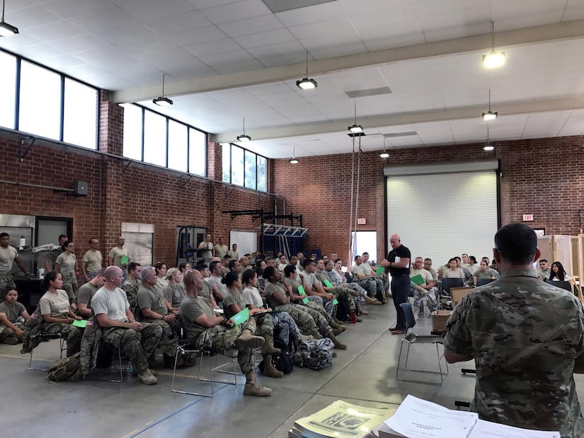 Mr. Joseph Walser, Army Reserve Medical Command’s Suicide Prevention Program Manager, speaks with U.S. Army Reserve Soldiers assigned to the 7452nd Medical Backfill Battalion who have been identified to prepare for a Professional Filler System (PROFIS) mission. Soldiers mobilized to support this mission will backfill Medical Command’s active duty slots at medical centers and clinics across their health care organization.  Army Medical Department Professional Management Command (APMC) hosted the Soldier Readiness Processing (SRP) level 2 from 7-9 Jul., processing approximately 100 U.S. Army Reserve Soldiers from the 7452nd MBB during the 3-day event. The objective of the process is for Soldiers to be administratively, financially, legally, spiritually, logistically and medically ready to be mobilized after attending an SRP.

Photo courtesy of Capt. Jehovanna Torres-Pollard, U.S. Army Reserve