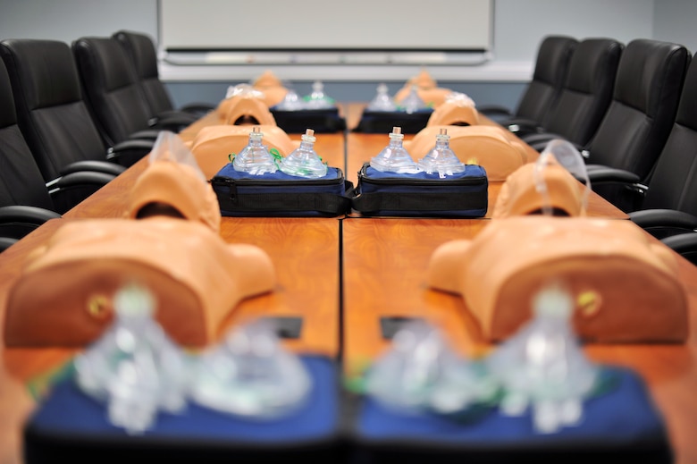 CPR training supplies sit on display at the newly-relocated 81st Training Support Squadron Military Training Leader School in Lott Hall, July 17, 2017. The course recently moved locations from Allee Hall to Lott Hall, and now features its own dedicated classroom, CPR training room, conference room and instructor offices, as well as additional resources and career field heritage pieces. (U.S. Air Force photo by Senior Airman Duncan McElroy)