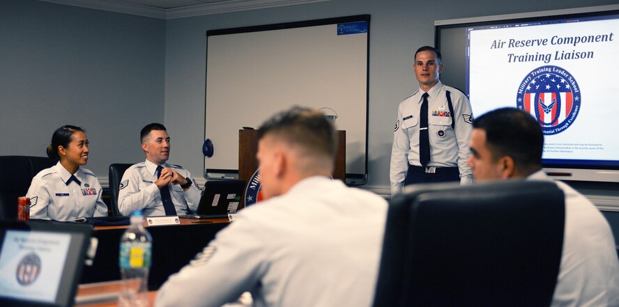 Staff Sgt. Turner Phillips, 81st Training Support Squadron Military Training Leader School instructor, leads a discussion with MTL Course students at the course’s new location in Lott Hall, July 17, 2017, on Keesler Air Force Base, Miss. The course recently moved locations from Allee Hall to Lott Hall, and now features its own dedicated classroom, CPR training room, conference room and instructor offices, as well as additional resources and career field heritage pieces. (U.S. Air Force photo by 2nd Lt. Toney Doan)