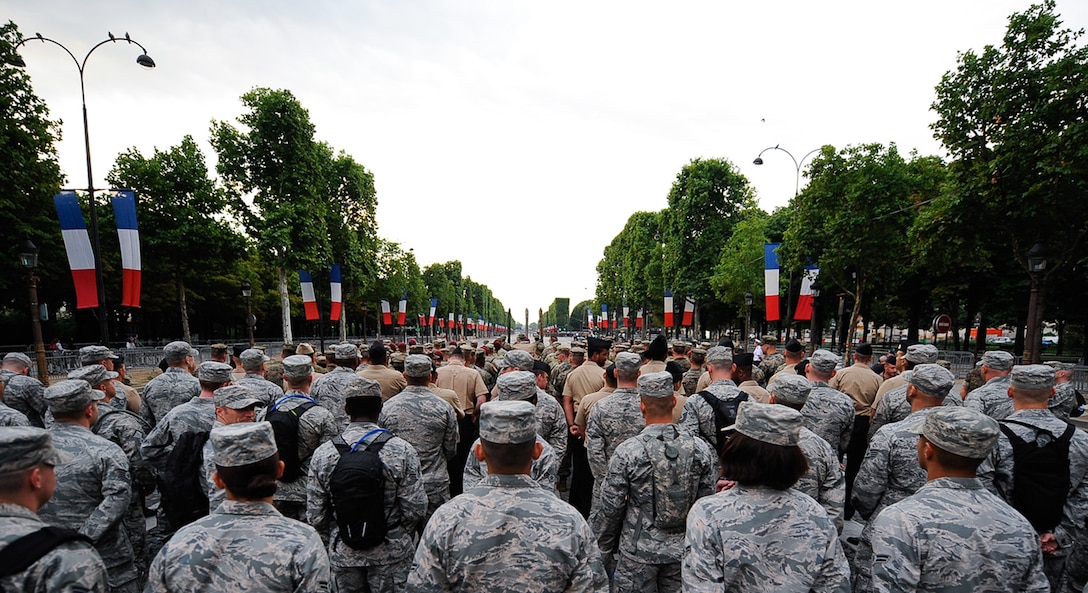 U.S. military members stand in formation during a Bastille Day military parade rehearsal at the Avenue des Champs-Élysées, France, July 10, 2017. The U.S. marched in and led one of the largest and highest profile military parades in the world. The parade included more than 7,000 military personnel and is the oldest military parade in existence dating back to 1880. (U.S. Air Force photo by Airman 1st Class Savannah L. Waters)
