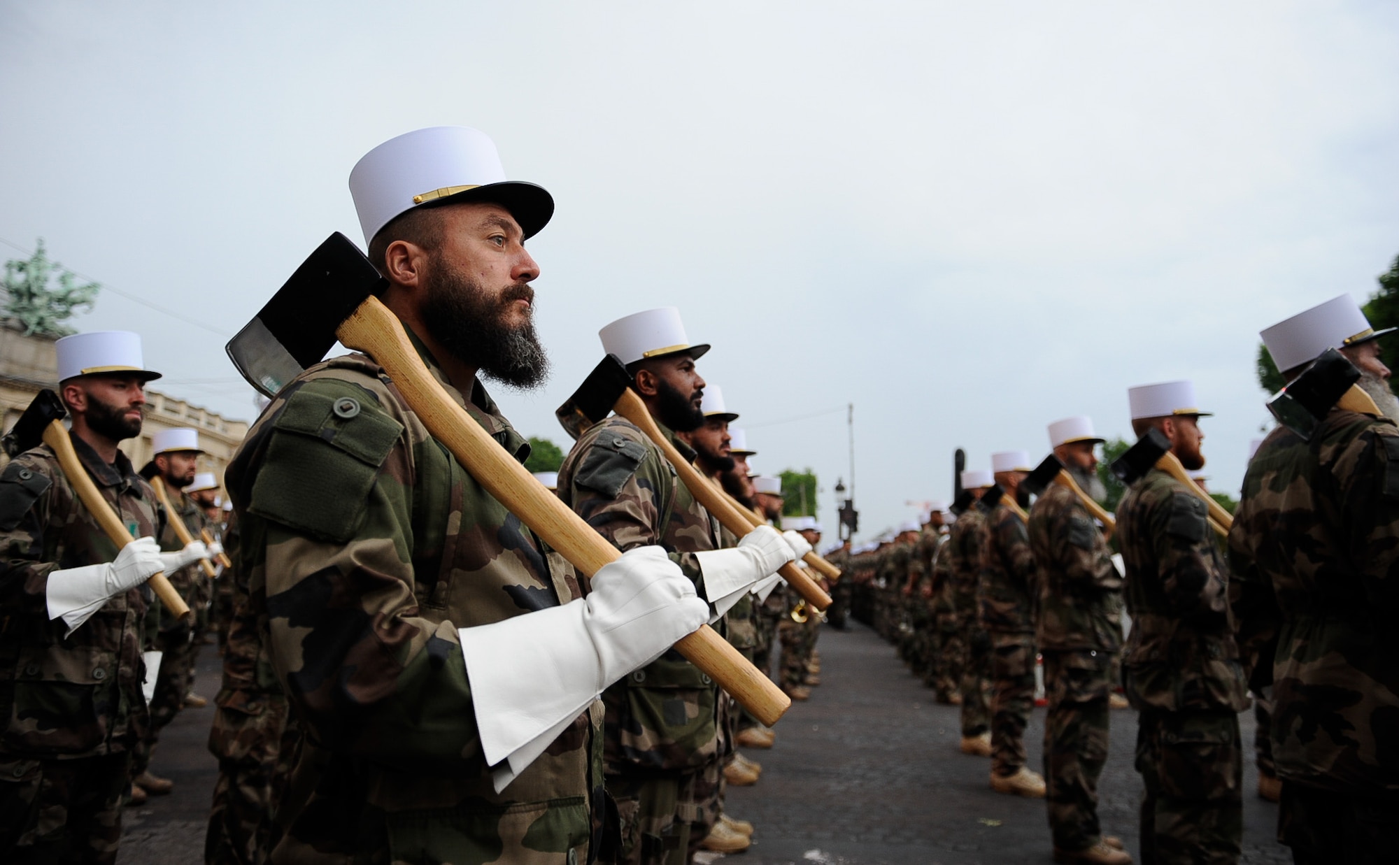 Members of the French Foreign Legion stand in formation during a Bastille Day military parade rehearsal at the Avenue des Champs-Élysées, France, July 10, 2017. The parade included more than 7,000 military personnel and is the oldest military parade in existence dating back to 1880. (U.S. Air Force photo by Airman 1st Class Savannah L. Waters)