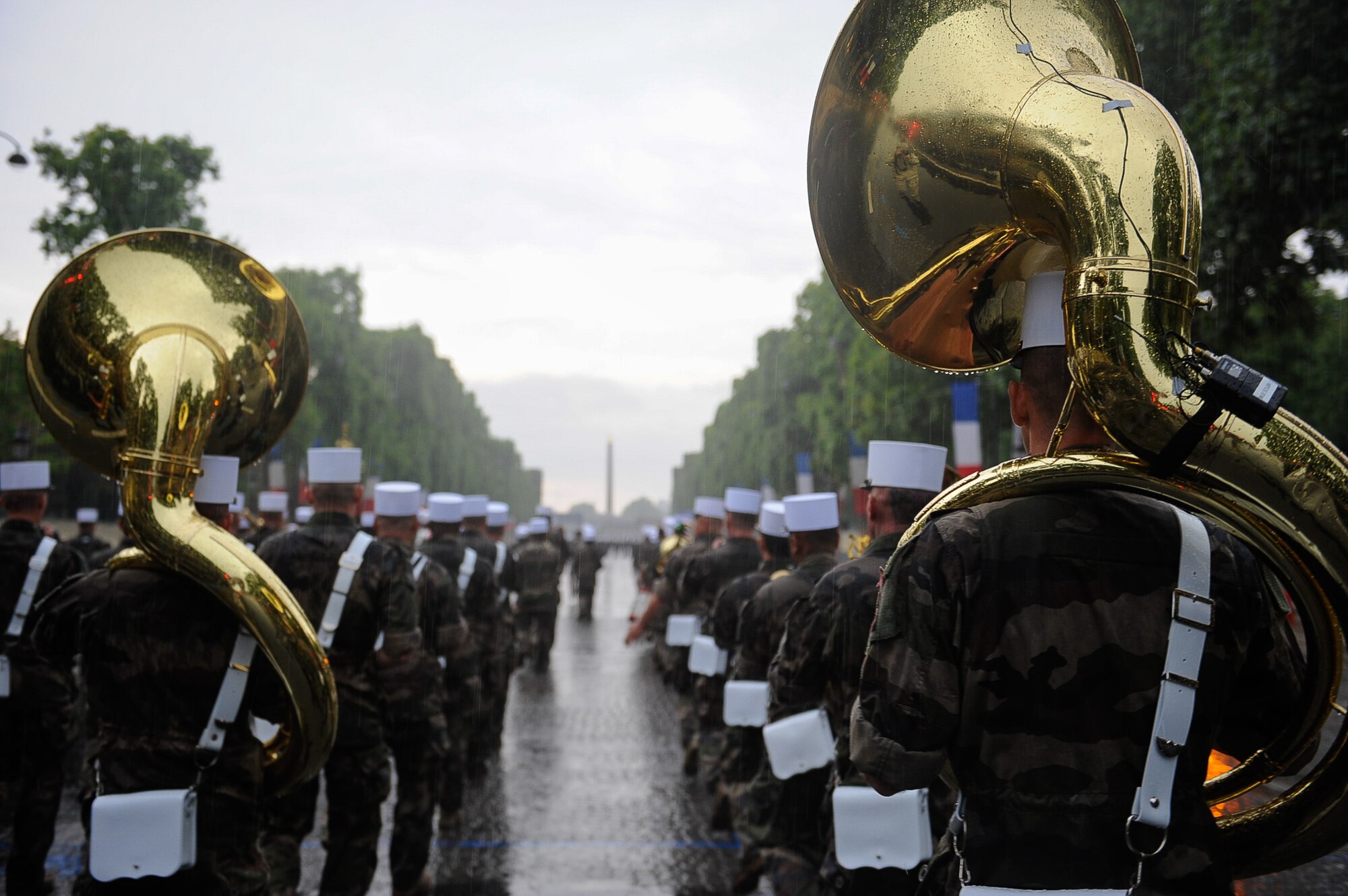 Bastille Day military parade participants march during a Bastille Day military parade rehearsal at the Avenue des Champs-Élysées, France, July 10, 2017. During rehearsals, military members from both countries had the opportunity to interact and learn from the other’s military traditions and culture, further strengthening the bond between old allies. (U.S. Air Force photo by Airman 1st Class Savannah L. Waters)