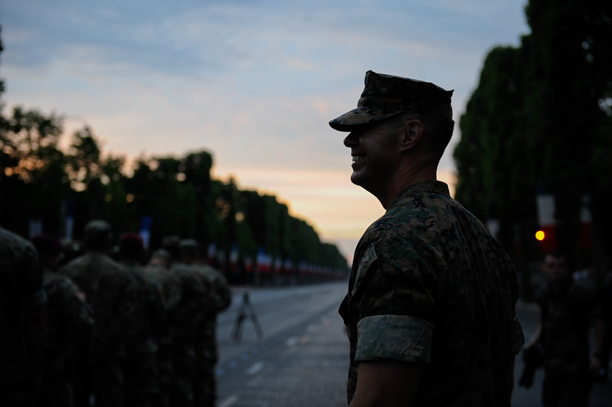 U.S. Marine Corps Sergeant Major Mark Shawhan, Combat Logistics Battalion 24 battalion sergeant major, surveys the formation during rehearsal for the Bastille Day military parade at the Avenue des Champs-Élysées, France, July 10, 2017. U.S. military members arrived at Lycee Militaire de Saint-Cyr and stayed for more than a week to participate in and prepare for France’s Bastille Day military parade on July 14, 2017. (U.S. Air Force photo by Airman 1st Class Savannah L. Waters)