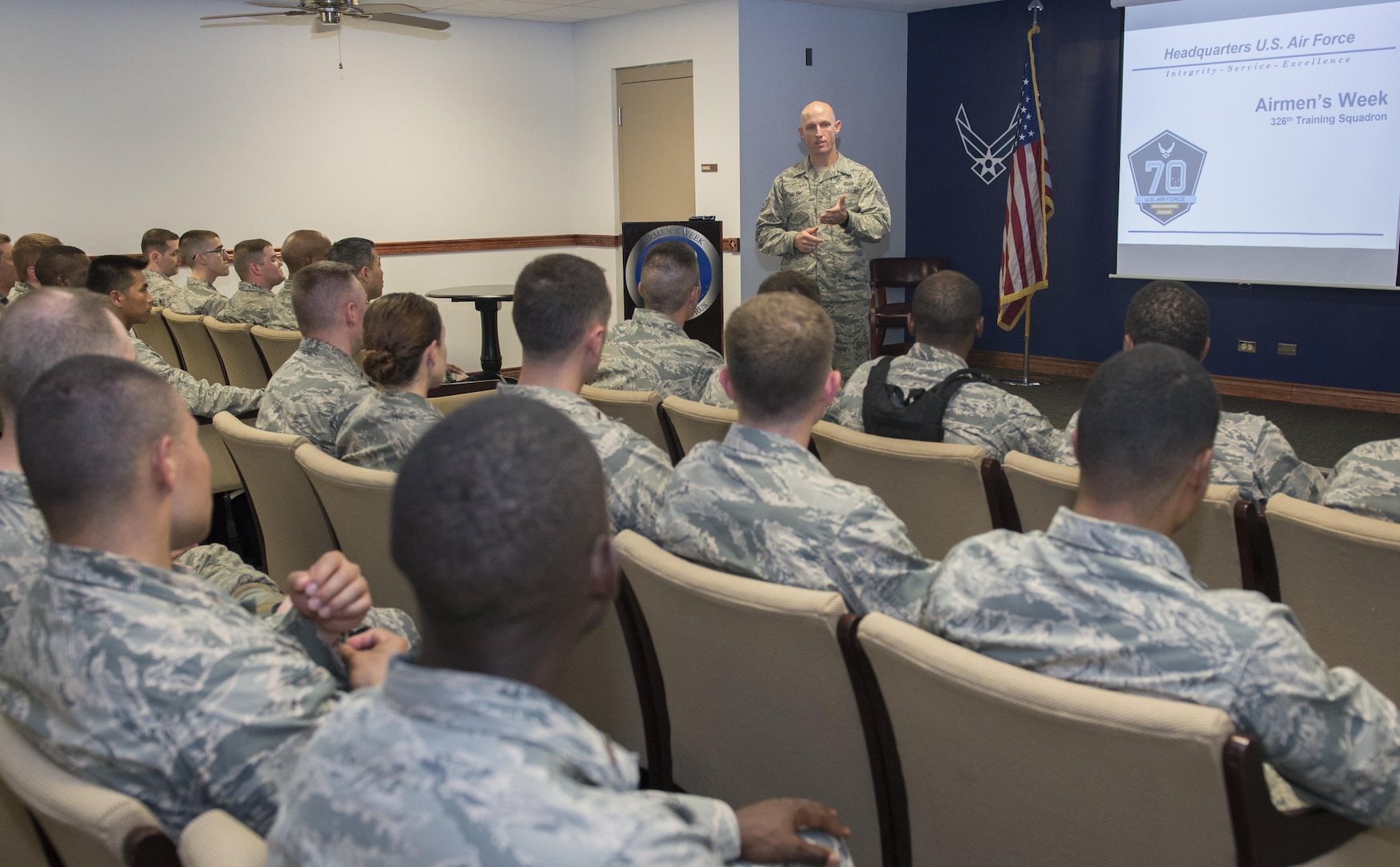 Tech. Sgt. Matthew Walsh, 326th Training Squadron NCO in charge of standardizations and evaluations, talks to chaplain candidates about Airmen's Week at Joint Base San Antonio-Lackland, Texas, July 5, 2017. The tour was part of the Chaplain Candidate Intensive Internship. Airmen attend Airmen's Week, a week-long course, after graduating from Basic Military Training. (U.S. Air Force photo by Senior Airman Krystal Wright)