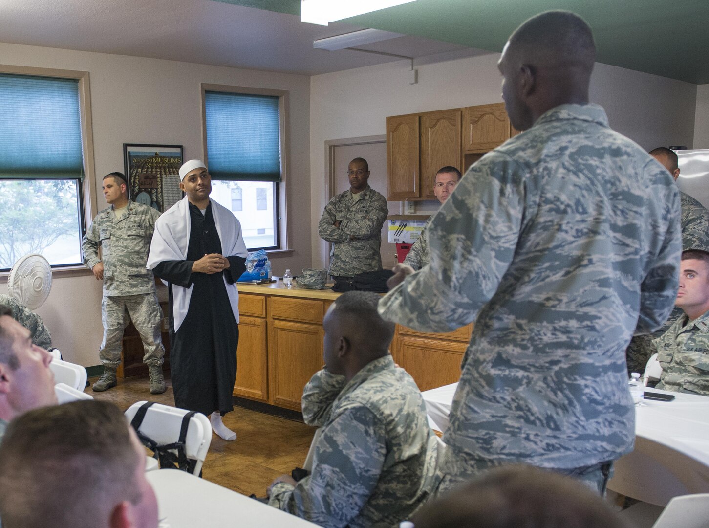 Chaplain (Capt.) Rafael Lantigua, 502nd Air Base Wing Islamic imam, answers chaplain candidates’ questions during a High Demand Low Density panel at Joint Base San Antonio-Lackland, Texas, June 30, 2017. The panel was composed of chaplains of faith dominations who were, despite their low numbers, in high demand based on the military’s population. The HDLD panel was part of the Total Force Air Force Chaplain Candidate Intensive Internship, which was touring seven bases to include JBSA-Lackland. (U.S. Air Force photo by Senior Airman Krystal Wright)