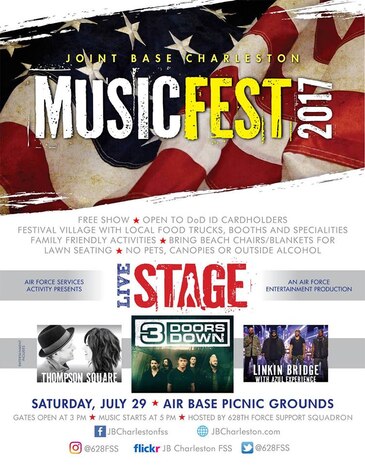 A free concert featuring the bands 3 Doors Down, Thompson Square and Linkin’ Bridge (accompanied by Azul Experience) will be held at the picnic grounds on the Air Base July 29. Music Fest 2017 is open to all DOD ID cardholders and their families and will include a festival village with local food vendors, booths and family-friendly activities. The event opens at 3 p.m. with music performances beginning at 5 p.m.
