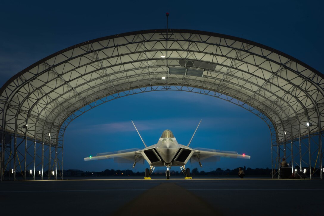 A U.S. Air Force F-22 Raptor pilot, assigned to the1st Fighter Wing, checks effective operation of flight control surfaces, during night operations at Joint Base Langley-Eustis, Va., July 11, 2017. To help increase effectiveness during night operations, the 1st FW has installed new sun shades that have solar powered lights, allowing night time maintenance and flying.  (U.S. Air Force photo/Staff Sgt. Carlin Leslie)