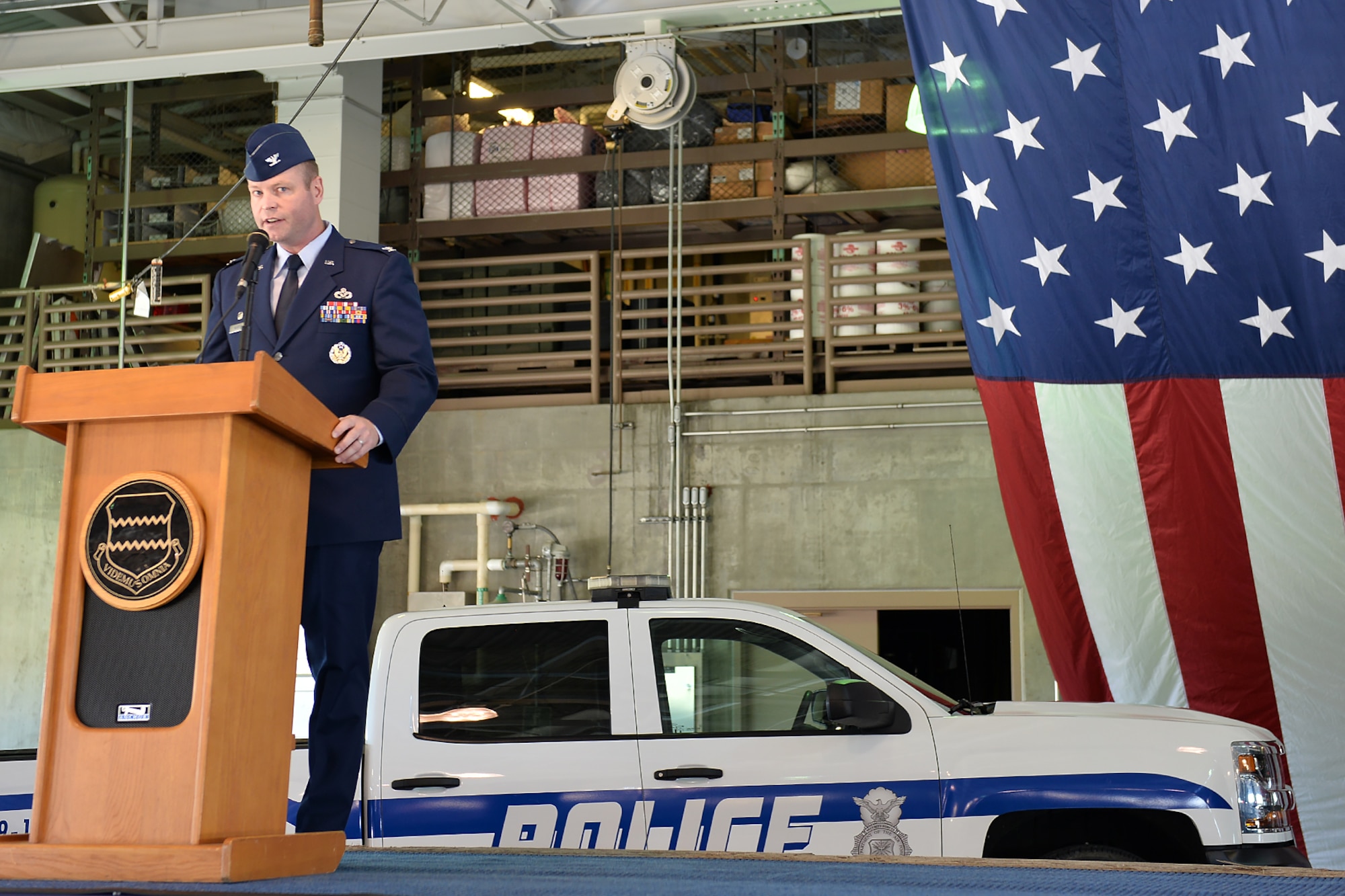 Col. David Norton speaks to the attendees of the 55th Mission Support Group change of command ceremony at Offutt Air Force Base, Nebraska, July 14, 2017. Norton accepted command of the 55th MSG, which is responsible for five squadrons encompassing 1,600 individuals who support Air Combat Command’s largest wing and over 50 tenant units.