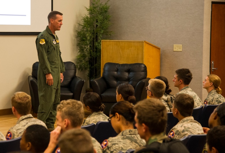 Col. Kevin Gordon, 15th Wing commander, welcomes cadets from the Civil Air Patrol during their visit to the 15th Wing as part of their encampment, Joint Base Pearl Harbor-Hickam, Hawaii, July 14, 2017. Encampment is a week-long program, during which cadets are immersed into a modified Air Force basic training environment. Cadets learned the basics of military life with physically and mentally challenging activities. (U.S. Air Force photo by Tech. Sgt. Heather Redman)
