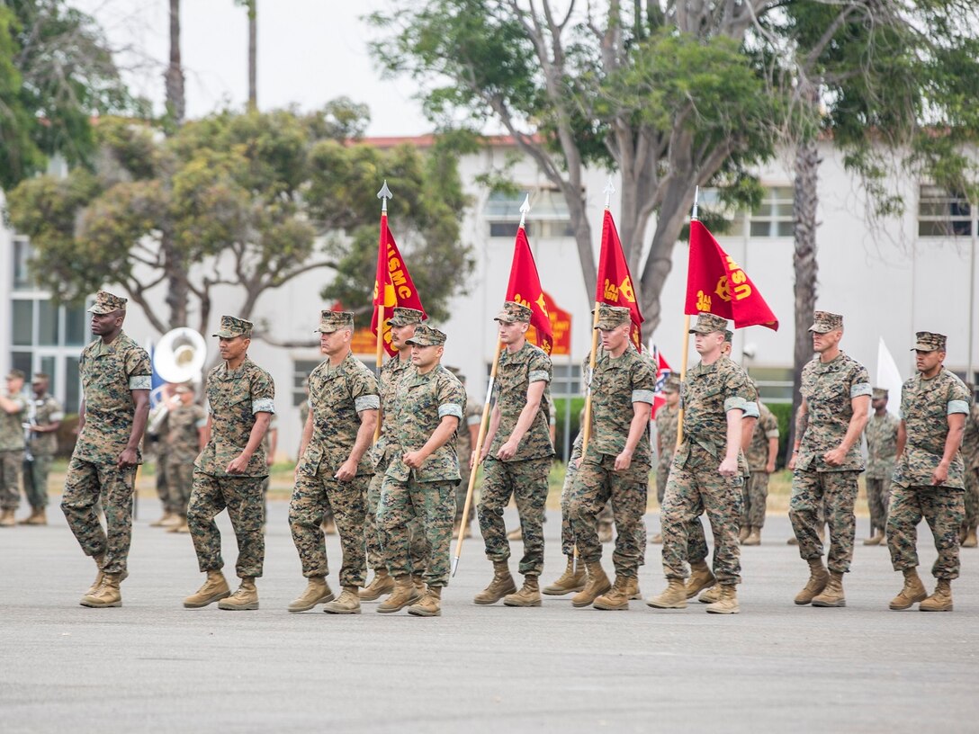 Sergeant Major Slattery retires from the U.S. Marine Corps after 30 years of faithful service and passes his duties and responsibilities as 3d Assault Amphibian Battalion to Sgt. Maj. Garcia on May 5, 2017, at Camp Pendleton, Calif.