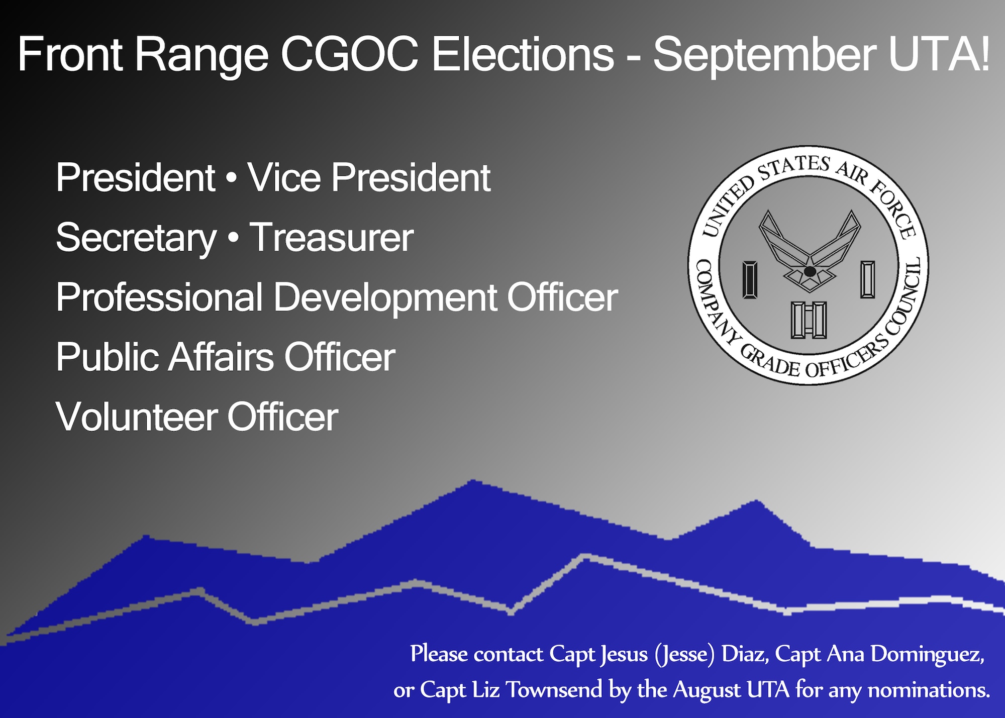 SCHRIEVER AIR FORCE BASE, Colo. -- The Front Range Company Grade Officers' council will be holding elections to fill leadership positions during the September Unit Training Assembly. (U.S. Air Force graphic/Senior Airman Laura Turner)