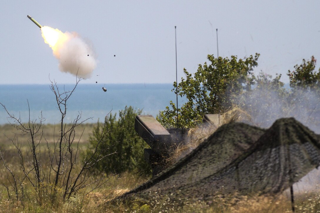 An AN/TWQ-1 Avenger air defense system fires a missile over the Black Sea at Capu Midia Training Area in Romania, July 19, 2017. The drill was part of Tobruq Legacy, an air defense exercise with the U.S. and its NATO allies and partners. Photo by Army Pfc. Nicholas Vidro
