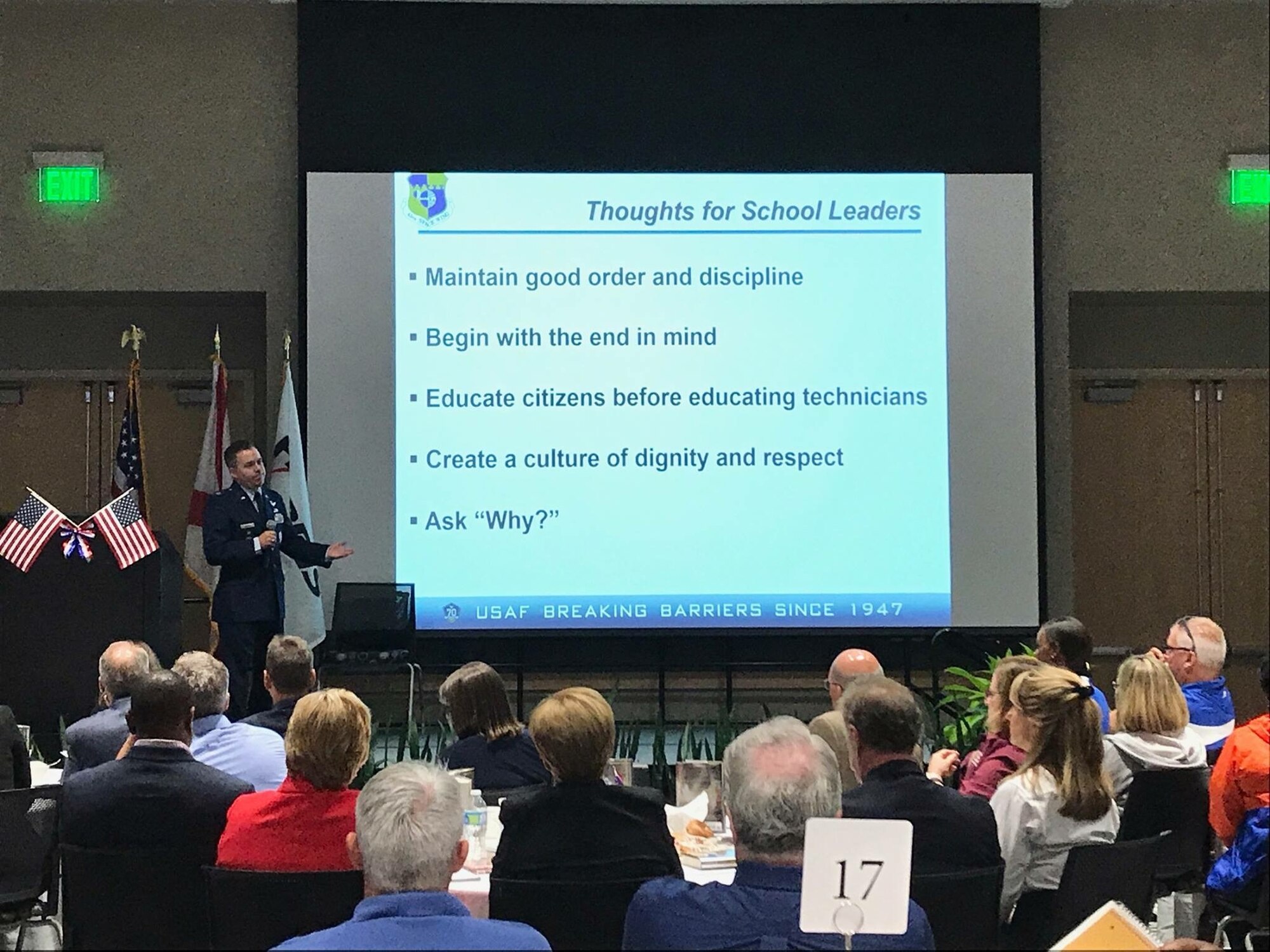 Col. Z. Walter Jackim, 45th Space Wing vice commander, speaks to an audience of Brevard County school board members, superintendents, directors, principals and assistant principals during the Brevard County Public Schools Leadership Summit Speakers event, July 18, 2017, in Palm Bay, Fla. Jackim spoke about the importance of teamwork, how to reach common goals, and how we all work together and contribute to make this community outstanding. (U.S. Air Force photo) 