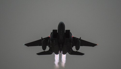 An F-15E Strike Eagle assigned to the 332nd Air Expeditionary Wing takes off from an undisclosed location in Southwest Asia, July 6, 2017. The aircraft is armed with a variety of munitions to combat the threat of ISIS in the region. (U.S. Air Force photo/Senior Airman Damon Kasberg)