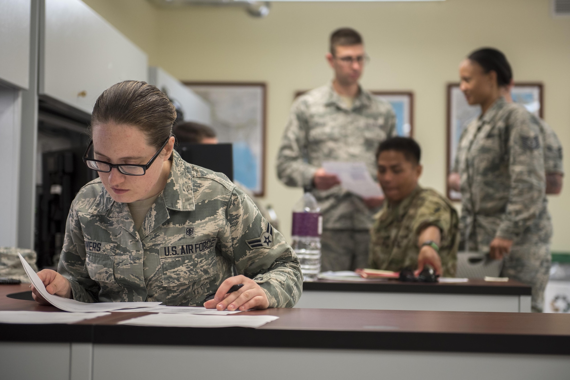 U.S. Air Force Airman 1st Class Leah Stivers, 18th Medical Support Squadron medical logistics technician, tracks supply orders requested by the 18th Medical Group during a medical material distribution exercise July 13, 2017, at Kadena Air Base, Japan. The Theater Lead Agent for Medical Material – Pacific hosted the exercise, which serves as the central node for providing medical supplies and equipment to all deployed forces within PACOM, with the exception of the Korean peninsula. (U.S. Air Force photo by Senior Airman John Linzmeier)