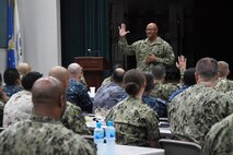 170716-N-XP344-027 NAVAL SUPPORT ACTIVITY BAHRAIN (July 16, 2017) U.S. Naval Forces Europe-Africa Fleet Master Chief Raymond Kemp Sr. speaks to a multinational group of senior enlisted leaders during the Combined Joint Maritime Enlisted Leadership Development Program (ELDP) Back Bone University. During his speech, Kemp instructed participants to be bold and courageous, speak truth to power, and encourage high-velocity learning. ELDP is designed to instill and improve enlisted leadership attributes; allowing senior enlisted leaders to operate more effectively with commander's intent to make sound and ethical decisions, anticipate, communicate and mitigate risk while conducting joint operations. (U.S. Navy photo by Mass Communication Specialist 2nd Class Victoria Kinney)
