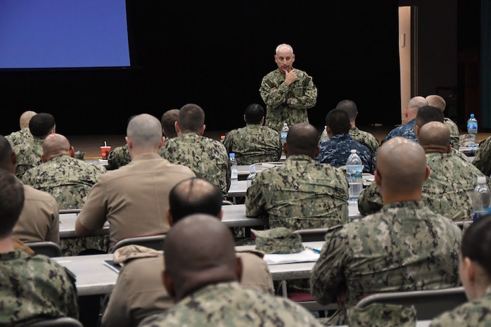 170716-N-XP344-051 NAVAL SUPPORT ACTIVITY BAHRAIN (July 16, 2017) U.S. Naval Forces Central Command Deputy Commander Rear Adm. Pail Schlise speaks to a multinational group of senior enlisted leaders during the Combined Joint Maritime Enlisted Leadership Development Program (ELDP) Back Bone University. ELDP is designed to instill and improve enlisted leadership attributes; allowing senior enlisted leaders to operate more effectively with commander's intent to make sound and ethical decisions, anticipate, communicate and mitigate risk while conducting joint operations. (U.S. Navy photo by Mass Communication Specialist 2nd Class Victoria Kinney)
