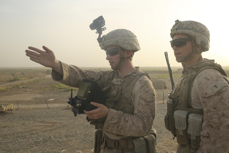 A U.S. Marine with Task Force Southwest operates an Instant Eye small-unmanned aerial system in support of Operation Maiwand Four at Camp Shorserack, Afghanistan, July 17, 2017. During the operation, advisors with the Task Force assisted elements of the 505th Zone National Police and Afghan National Army 215th Corps successfully clear the Nawa district center of enemy presence. The Afghan National Defense and Security Forces will continue to bolster security in order to establish governance in the city. (U.S. Marine Corps photo by Sgt. Lucas Hopkins)