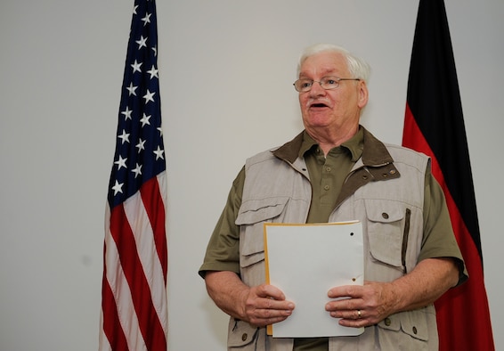 Thomas Perry, retired from the 786th Force Support Squadron after 48 years of service, shares memories and expresses his thanks at his retirement ceremony at the Lindberg Hof Dining Facility, Kapaun Air Station, June 30, 2017. Perry says the comraderie, working with people, the importance of the Air Force mission, and most of all, working with the Airmen, were what motivated him to be the best cook he could be. (U.S. Air Force photo by Airman 1st Class Savannah L. Waters)