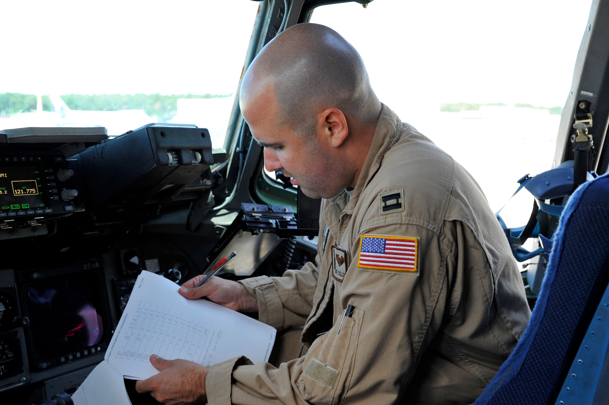 U.S. Air Force Capt. Matthew Cullen, 105th Airlift Wing C-17 Globemaster III mobility pilot, conducts a pre-flight checklist before take-off during a patient move on Ramstein Air Base, Germany, July 13, 2017. 105th AW Airmen stationed at Stewart Air National Guard Base, New York, were part of the flight crew who transported the injured service members back to the United States. (U.S. Air Force photo by Airman 1st Class D. Blake Browning)