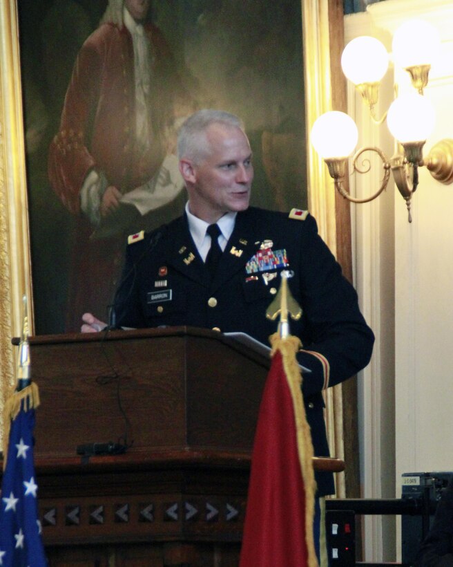 U.S. Army Col. Christopher Barron, provides farewell remarks as he relinquishes command during a formal change of command ceremony July 19, 2017 at the historic Faneuil Hall in Boston, Mass. (U.S. Army photo by Diallo Ferguson/Released)