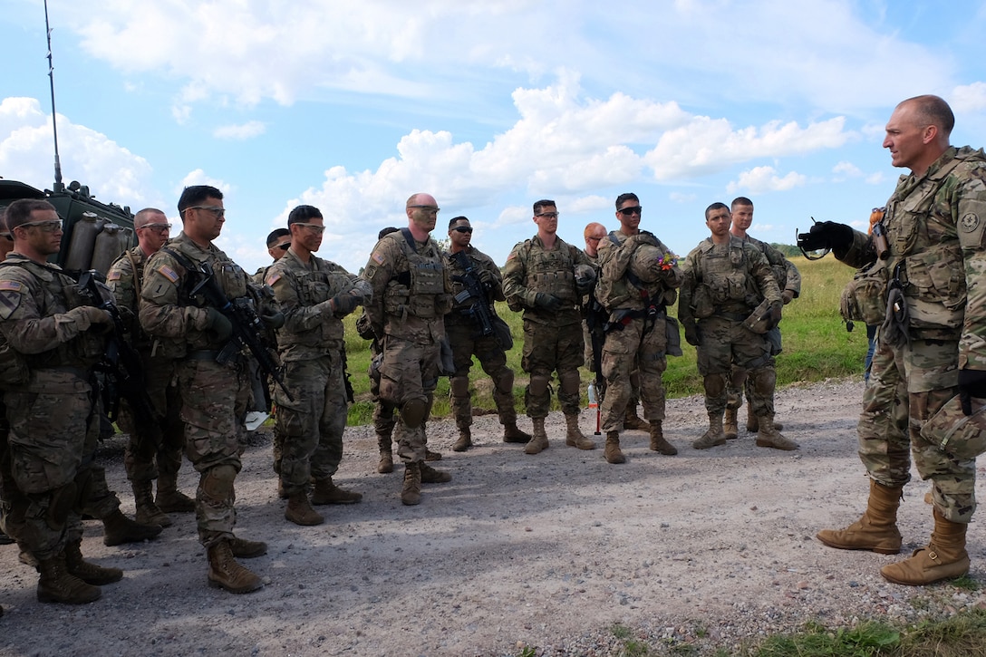 Army Lt. Col. Steven Gventer, commander of Battle Group Poland, explains the purpose of the Bull Run training exercise near Suwalki, Poland, July 16, 2017. The training, in accordance with NATO's enhanced Forward Presence initiative, allowed the unit to check its readiness and improve its interoperability as U.S., Polish, U.K. and Romanian soldiers worked side-by-side to carry out their allied mission. The U.S.-led Battle Group Poland is one of NATO's four multinational battle groups deployed as a deterrence force in the eastern part of the Alliance. Army photo by Spc. Kevin Wang