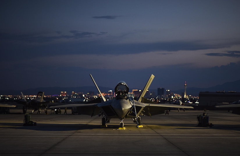 An F-22 Raptor from the 95th Fighter Squadron at Tyndall Air Force Base, Fla., sits on the flight line at Nellis Air Force Base, Nev., during exercise Red Flag 17-3, July 10, 2017. Air Force photo by Senior Airman Dustin Mullen