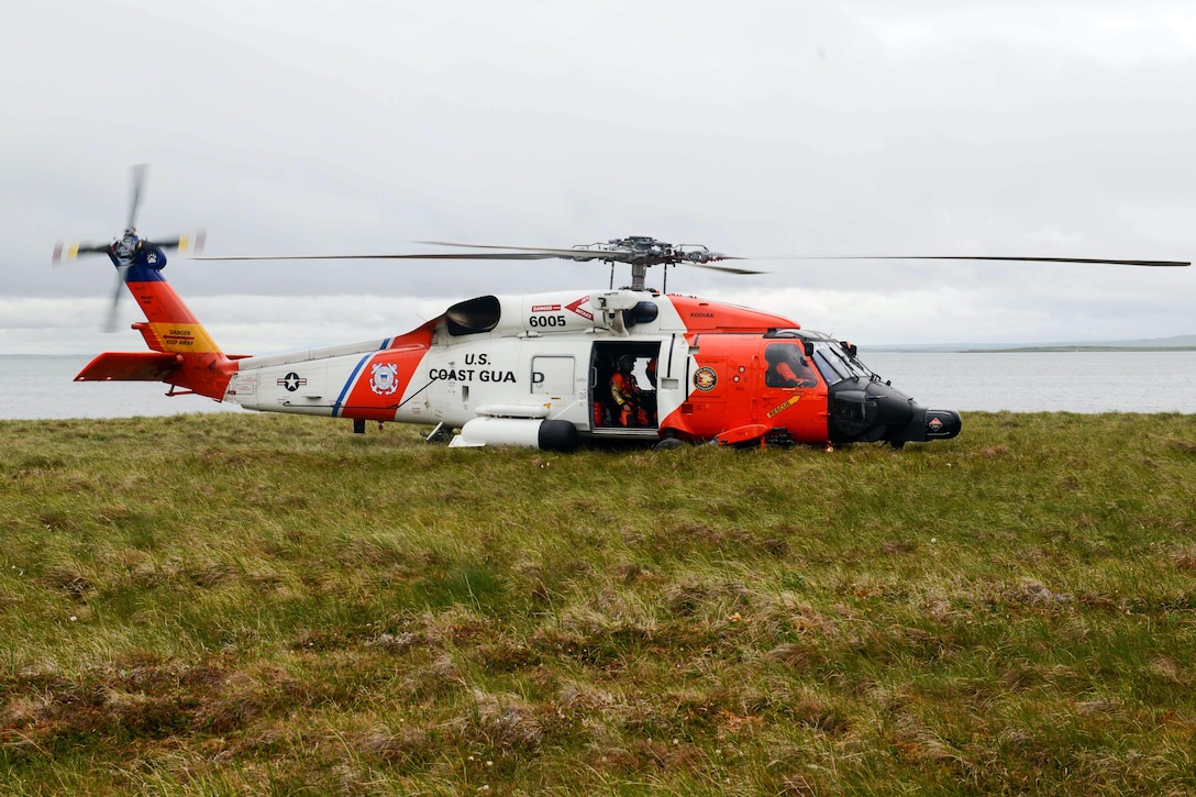 An MH-60 Jayhawk assigned to Coast Guard Air Station Kodiak lands on the tundra of northwestern Alaska while conducting area-familiarization training during Operation Arctic Shield in Kotzebue, Alaska, July 16, 2017. Coast Guard photo by Lt. Brian Dykens
