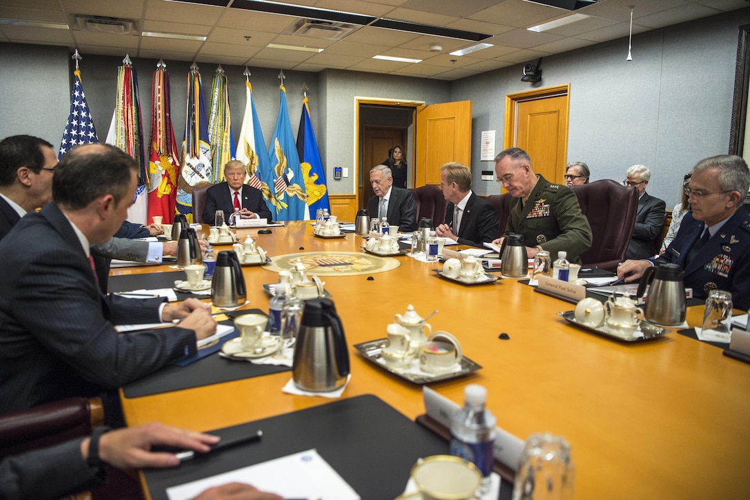 President Donald J. Trump speaks to Defense Secretary Jim Mattis and members of the National Security Council during a meeting at the Pentagon, July 20, 2017. DoD photo by Army Sgt. Amber I. Smith