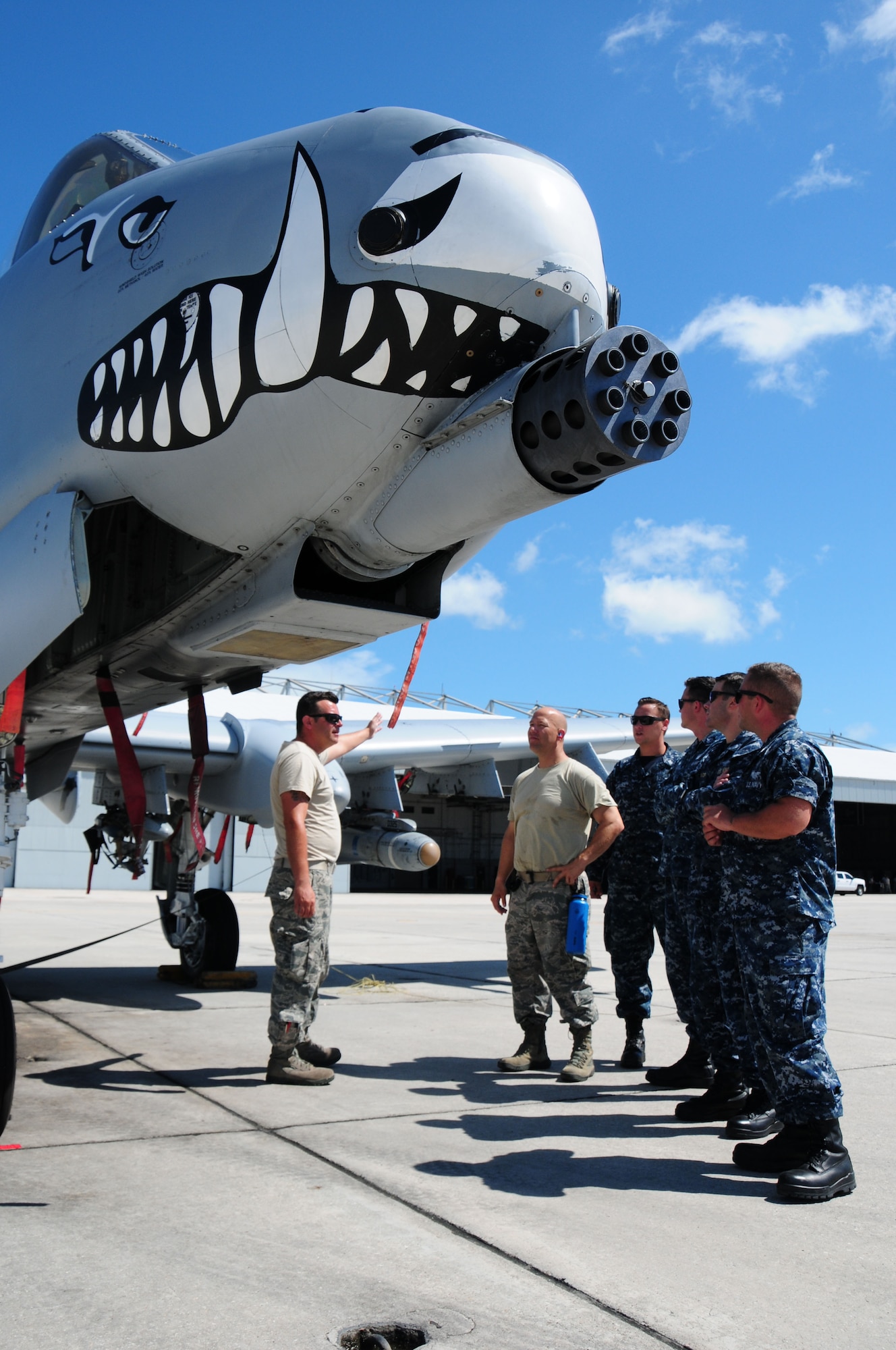 U.S. Air Force Senior Airman Matt Lowe, 924th Maintenance Squadron crew chief, and Master Sgt. James Pumarajo, 924th MXS munitions flight chief, show and discuss the weapons capabilities of the A-10 Thunderbolt II with aviation ordnancemen from the Naval Munitions Command on the flightline at Naval Air Station Key West, Florida during the 924th Fighter Group’s annual training, July 18. The service members also describe the differences between their career fields within their specific branches. (U.S. Air Force photo by Tech. Sgt. Courtney Richardson)