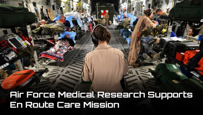 Members of the of the 455th Expeditionary Aeromedical Evacuation Squadron assist patients on medical transport flight out of Bagram Airfield, Afghanistan. Air Force nurse scientists are conducting valuable research to improve en route patient care during aeromedical evacuations.