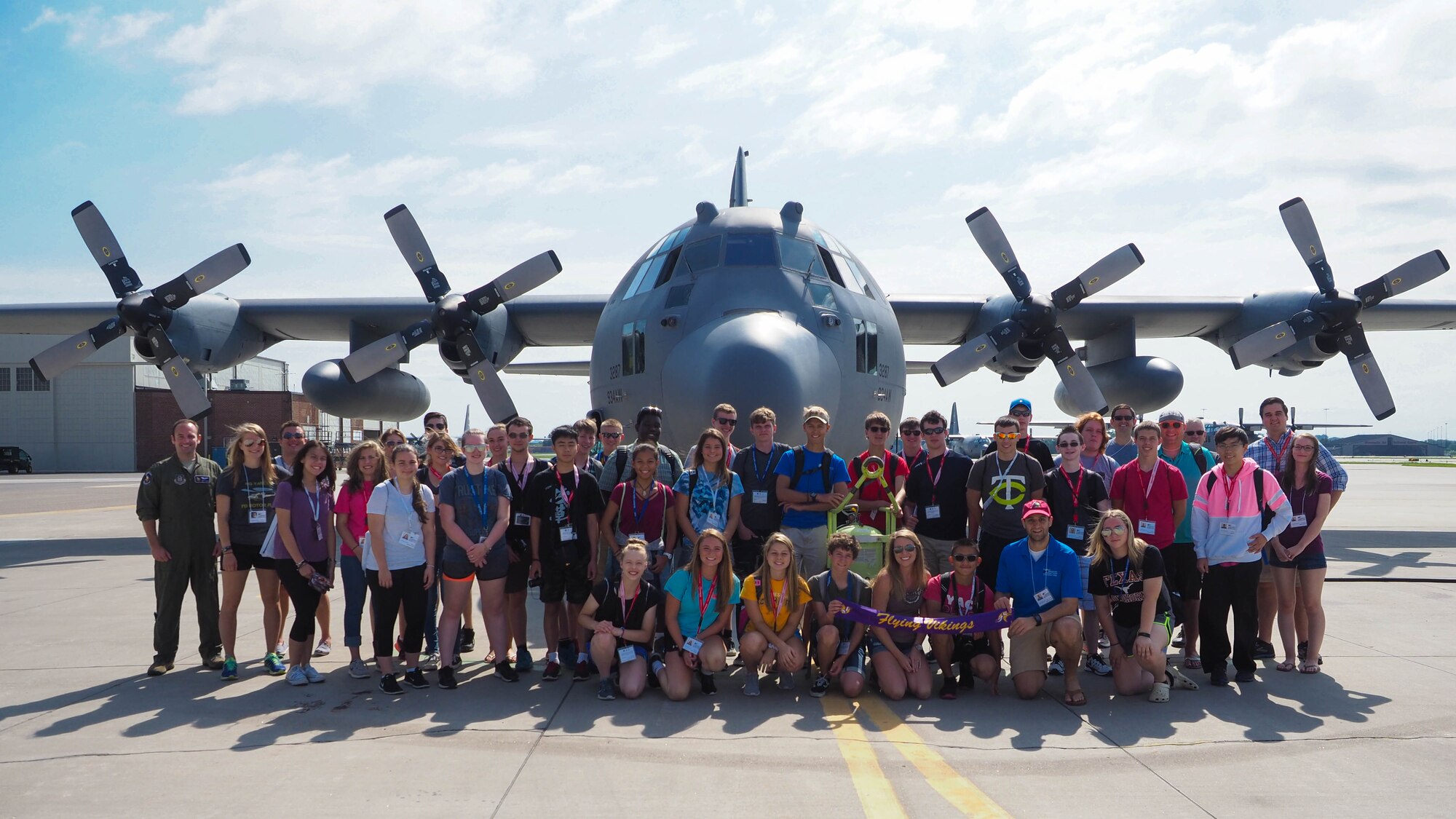 Students from the Aviation Career Education (ACE) camp pose in front of a 934th Airlift Wing C-130 July 16 before taking off for an orientation flight. (Air Force Photo/Paul Zadach) 