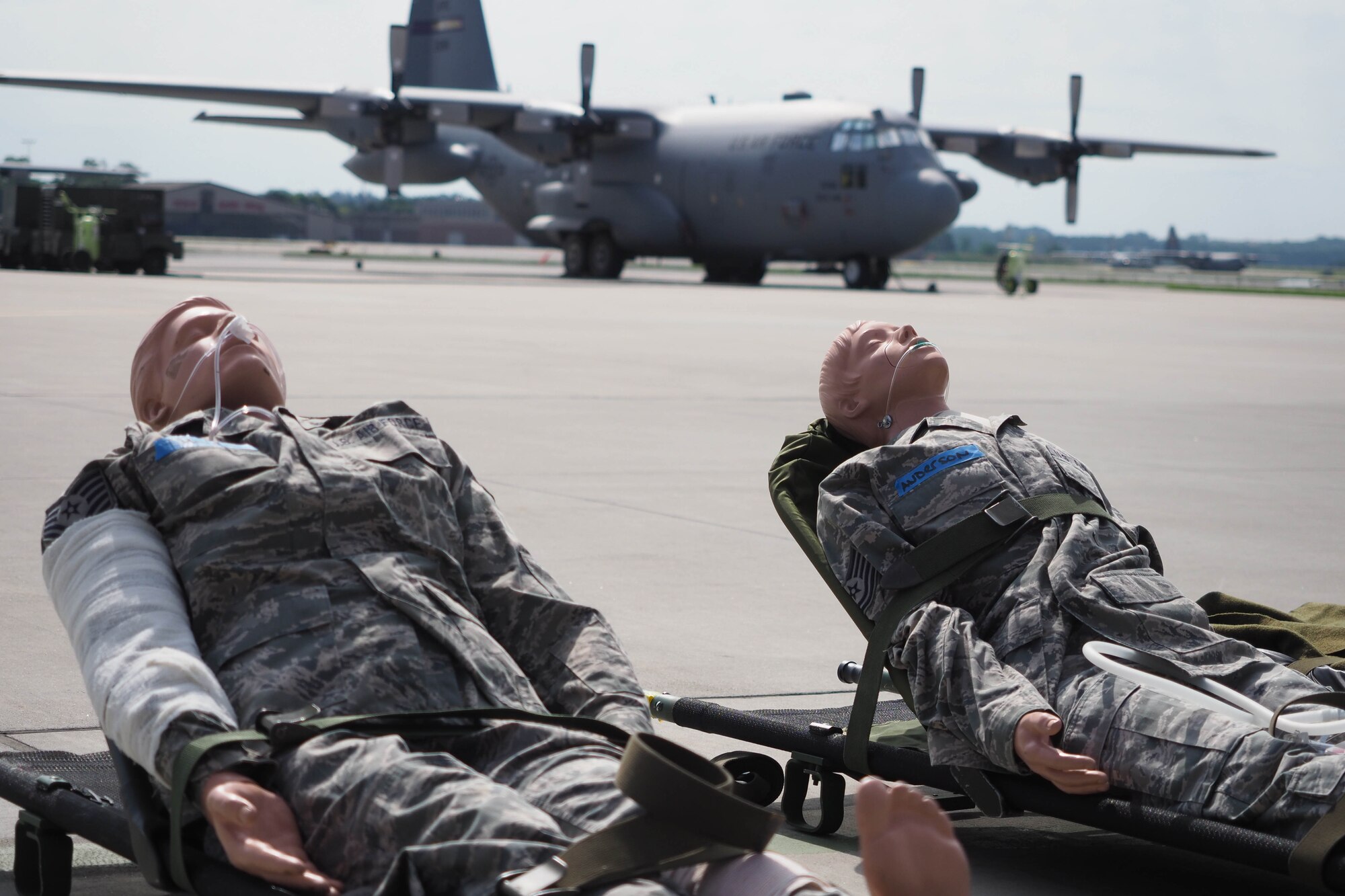 Training mannequins are staged before a training flight with the 934th Aeromedical Evacuation Squadron aboard a 934th Airlift Wing C-130 flight July 16.   (Air Force Photo/Paul Zadach)