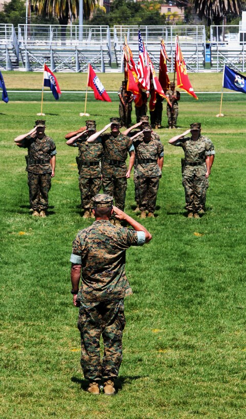 Lt. Gen. Lewis A. Craparotta, I Marine Expeditionary Force commanding general, salutes Marines with I MEF Headquarters Group during a change of command and re-designation ceremony July 6, 2017, at Camp Pendleton, Calif. During the ceremony I MEF Headquarters Group was re-designated as I MEF Information Group to support I MEF in the expanding information environment. (U.S. Marine Corps photo by Lance Cpl. Robert A Alejandre)