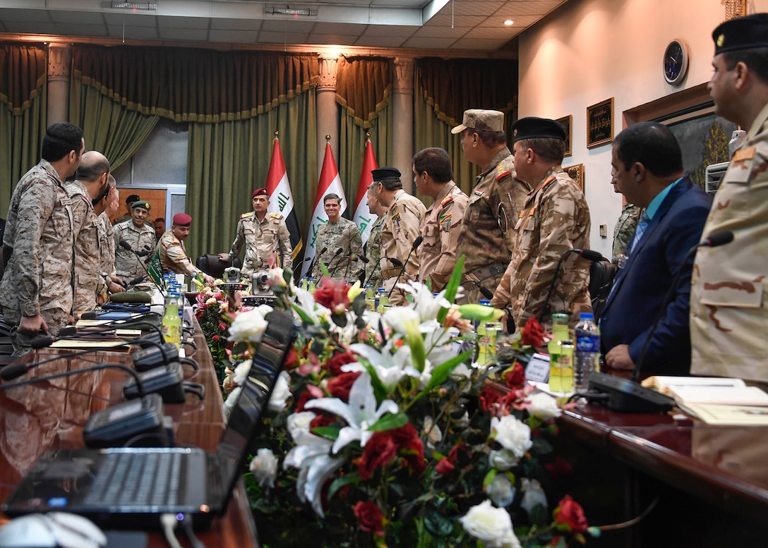 Baghdad, Iraq--U.S. Army Gen Joseph L. Votel, commander United States Central Command, attends the Chairman of Defense tri-lateral discussion between Iraq, Saudi Arabia and the United States during his visit to Iraq July 20, 2017. Votel met with military leaders of Iraq and Saudi Arabia to discuss security and stability in the region. (Department of Defense photo by U.S. Air Force Tech Sgt. Dana Flamer)