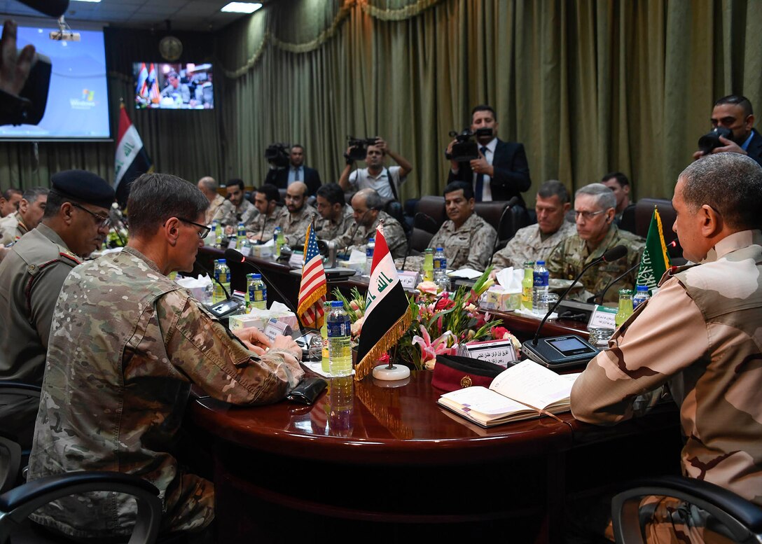 Baghdad, Iraq--U.S. Army Gen Joseph L. Votel, commander United States Central Command, attends the Chairman of Defense tri-lateral discussion between Iraq, Saudi Arabia and the United States during his visit to Iraq July 20, 2017. Votel met with military leaders of Iraq and Saudi Arabia to discuss security and stability in the region. (Department of Defense photo by U.S. Air Force Tech Sgt. Dana Flamer)